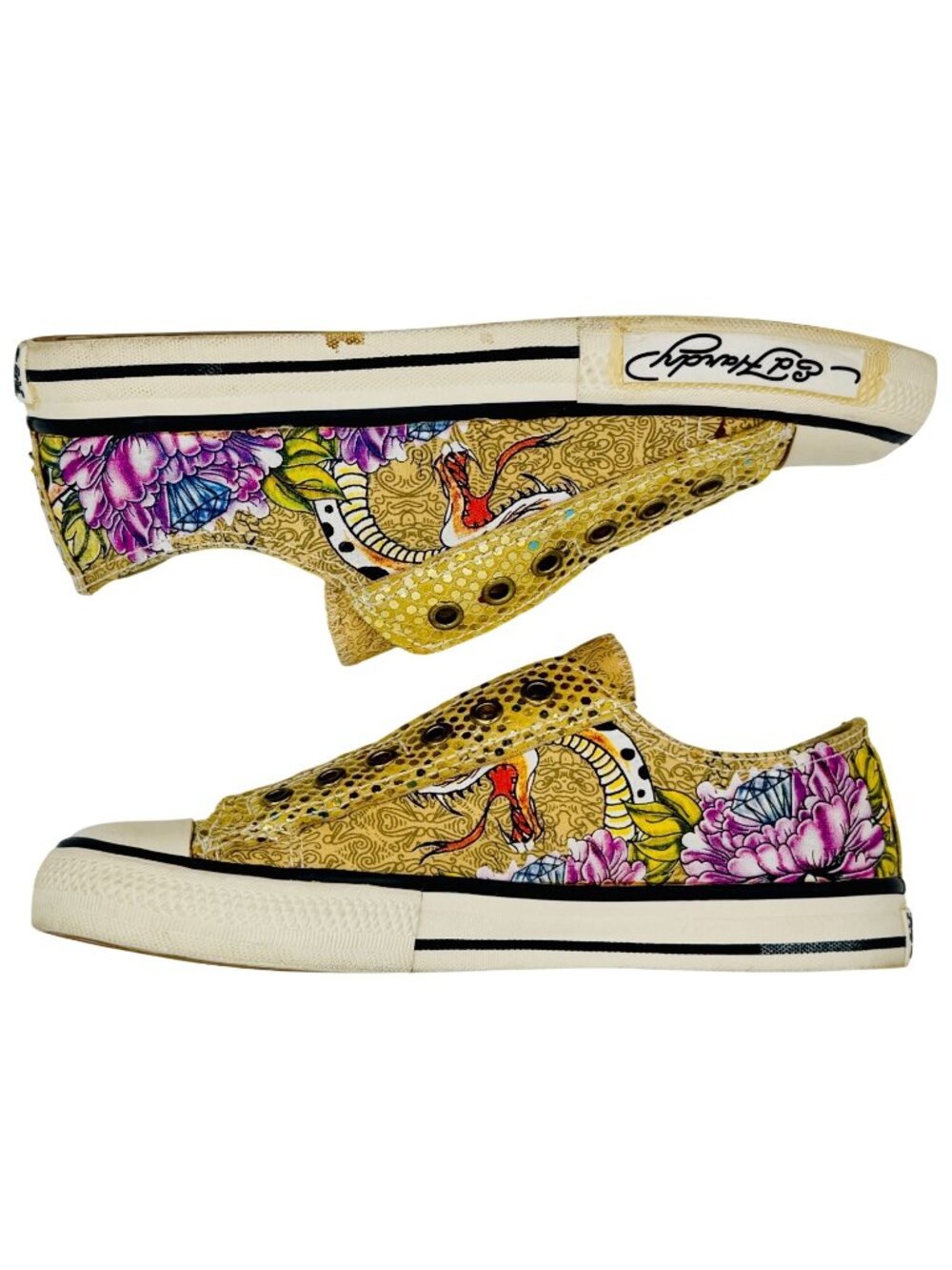 VTG Ed Hardy Yellow Graphic Canvas Sneakers 7 | Y2K McBling Grunge Sleaze Baddie